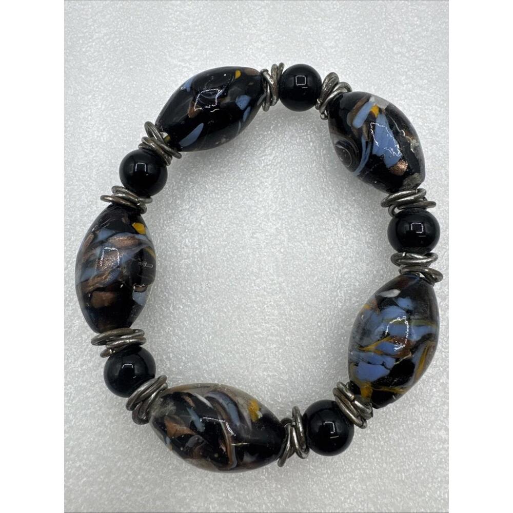 Vintage Handmade Lampwork Glass Beads Black Blue Swirl Glitter Stretch Bracelet